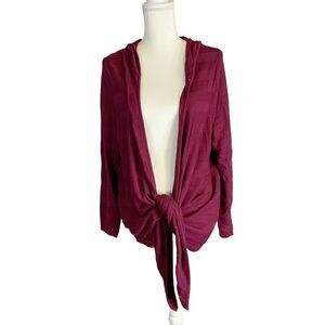 Long Sleeve Cranberry  Western Lagenlook Open Front Hooded Cardigan Plus Size 1X